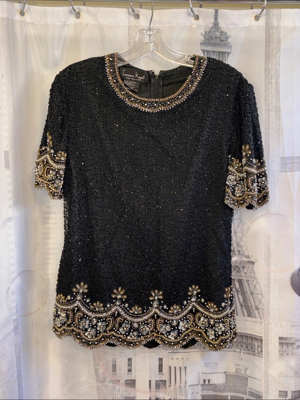Laurence Kazar Black Embellished Short Sleeve Top with Gold and Silver Beading